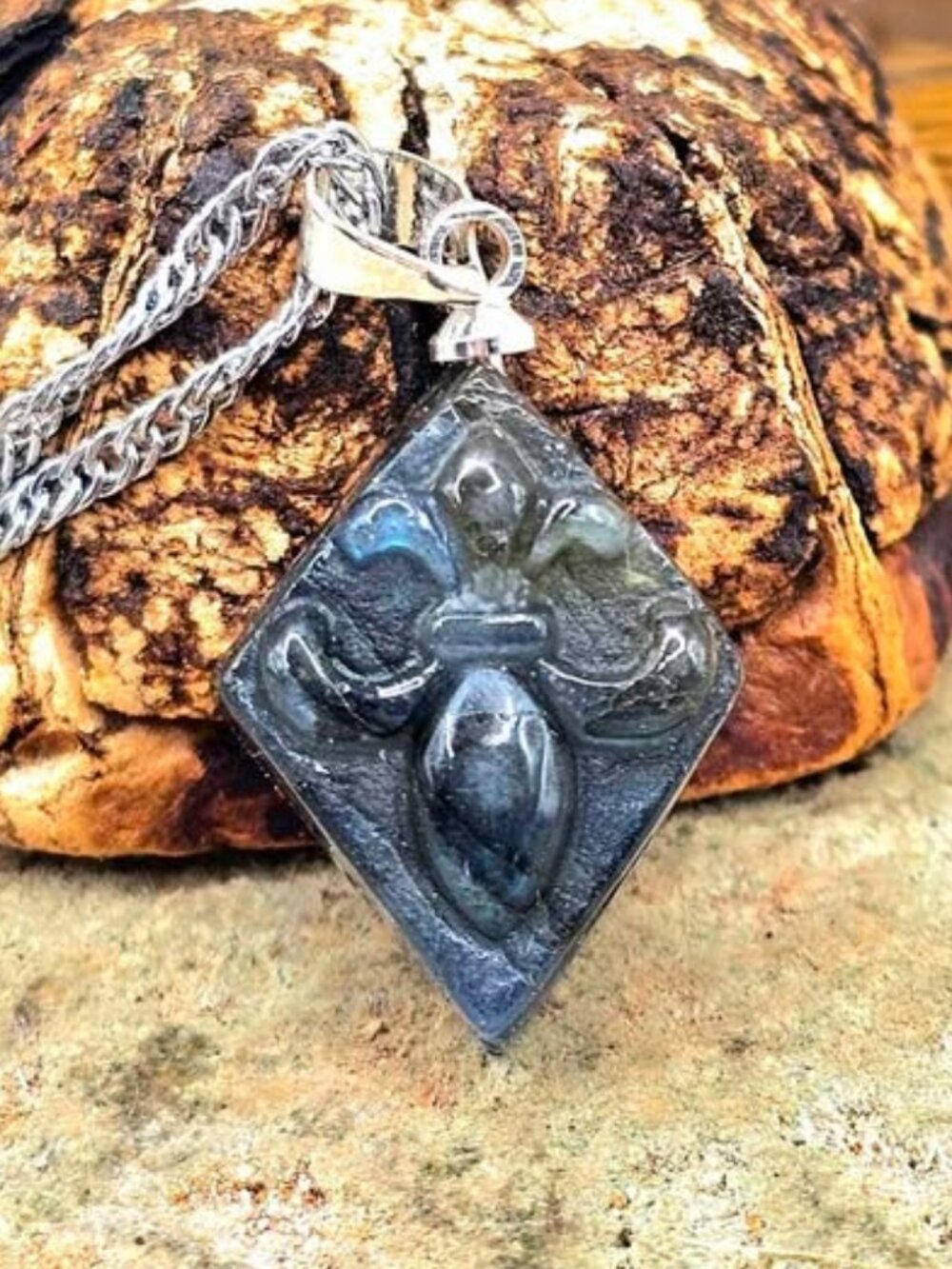 Nature Labradorite Carved Fleur-de-lis Symbol Tile Pendant Necklace